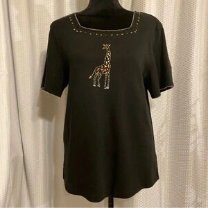 Alfred Dunner Black Short Sleeve Tee With Giraffe Size Petite Medium
